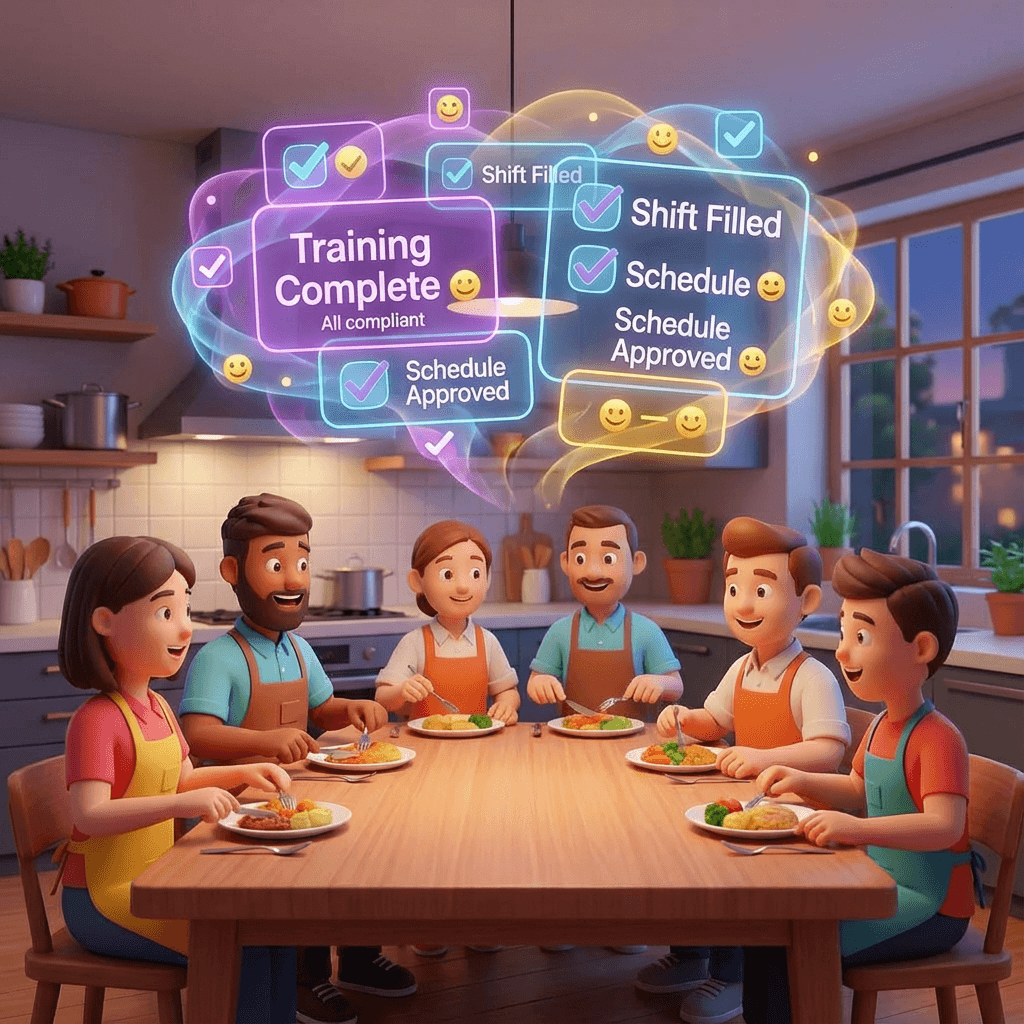Restaurant team collaborating with CulinaryHR platform showing training completion and shift scheduling
