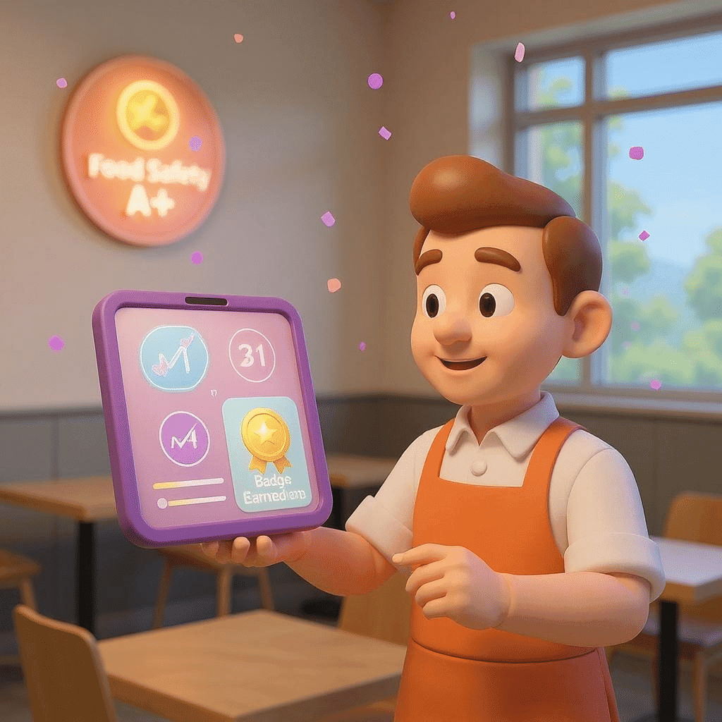 Chef completing training module on tablet with food safety badge displayed